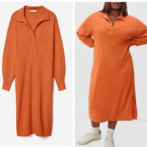 Everlane long sleeve polo midi dress 100% cashmere persimmon orange size small